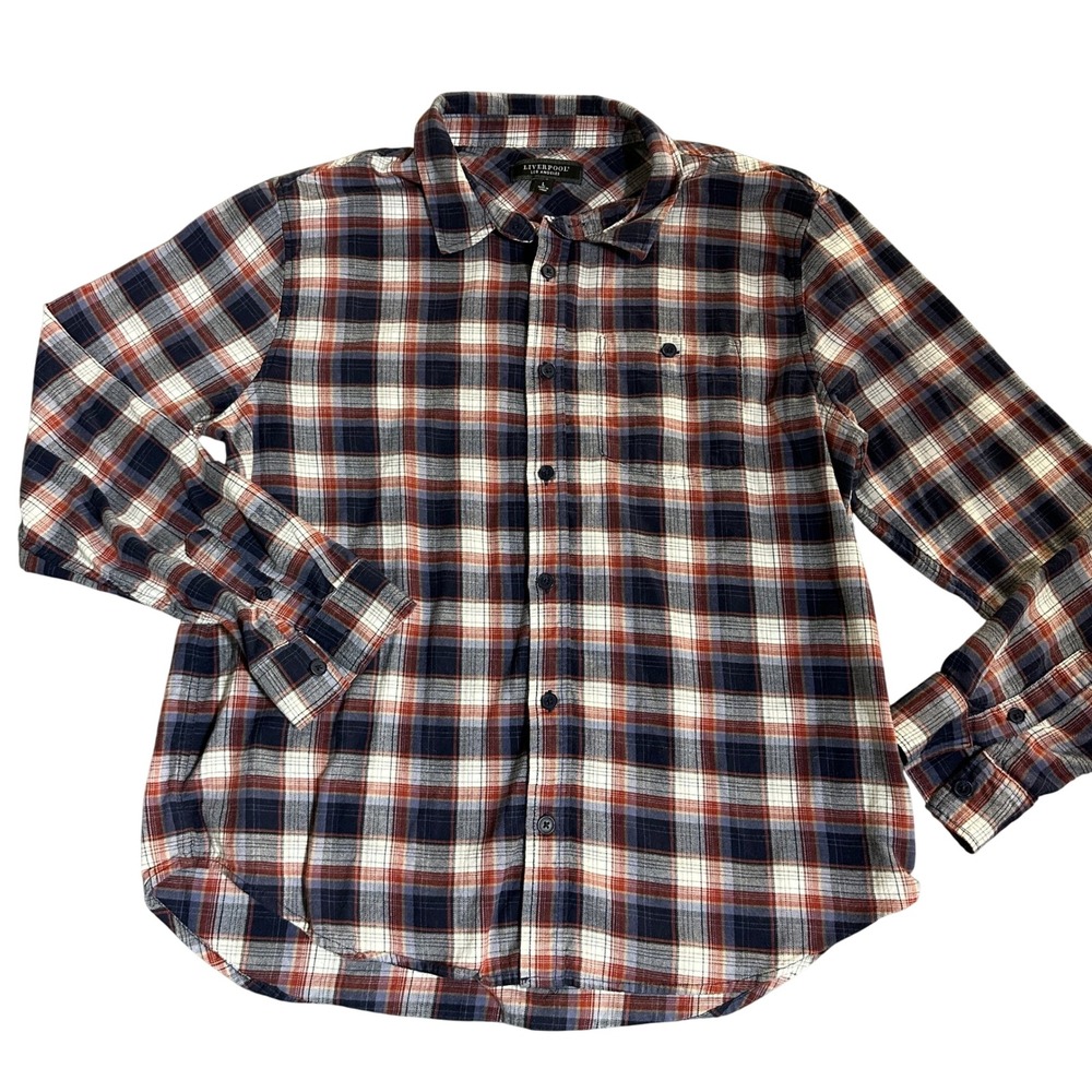 Liverpool Los Angeles Mens Plaid Flannel Shirt Navy Brick Size L